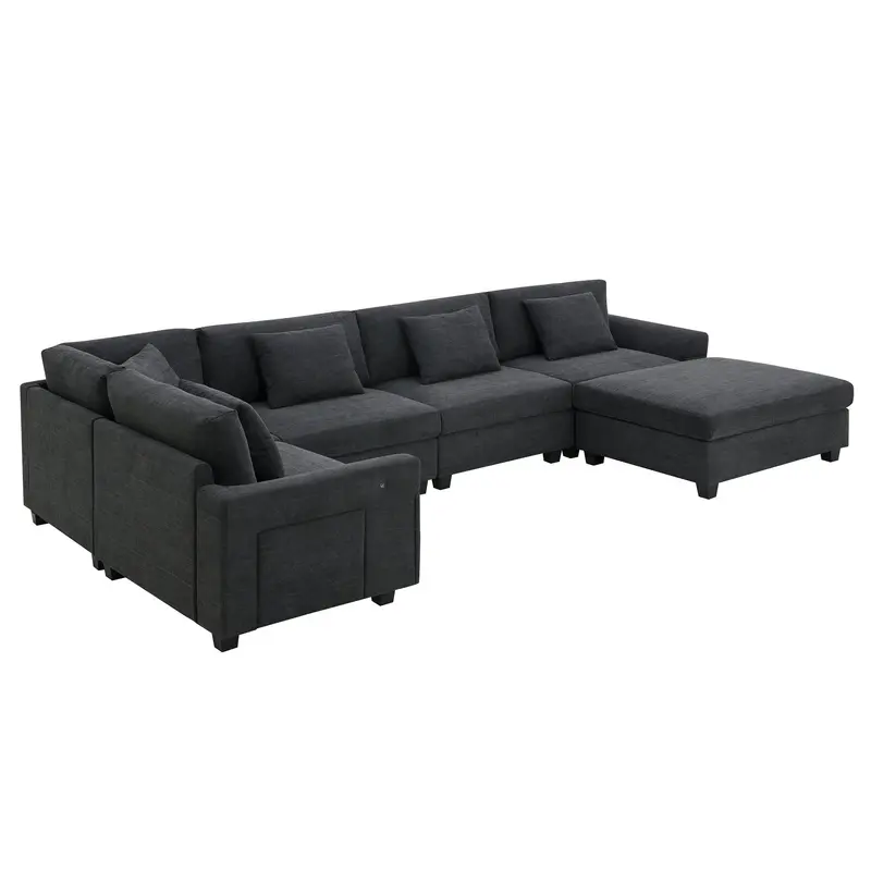 U-Shaped 6-Seat Outdoor-Ready Sectional Sofa With Ottoman, Armrest Storage, Usb Ports, And Cup Holders 1