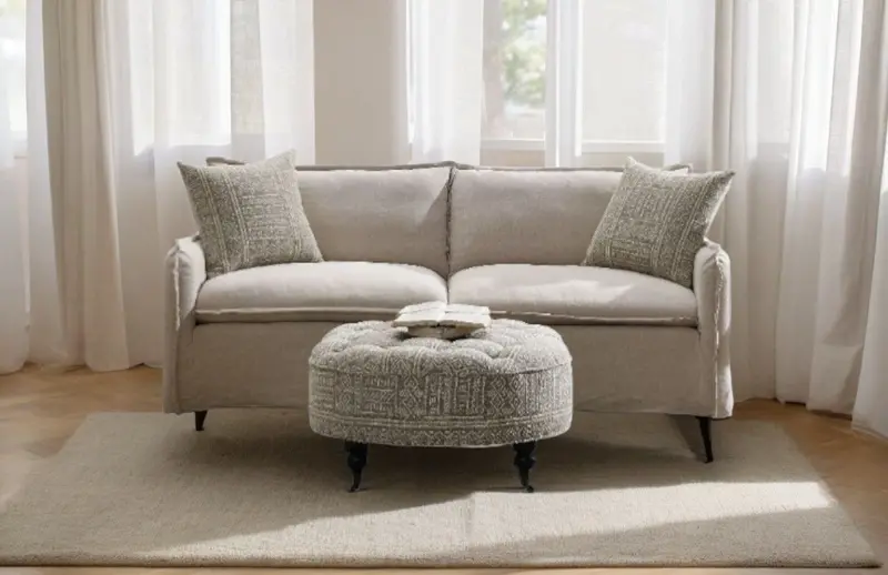 Upendo Beige Patterned Linen Sofa With Two Toss Pillows 1