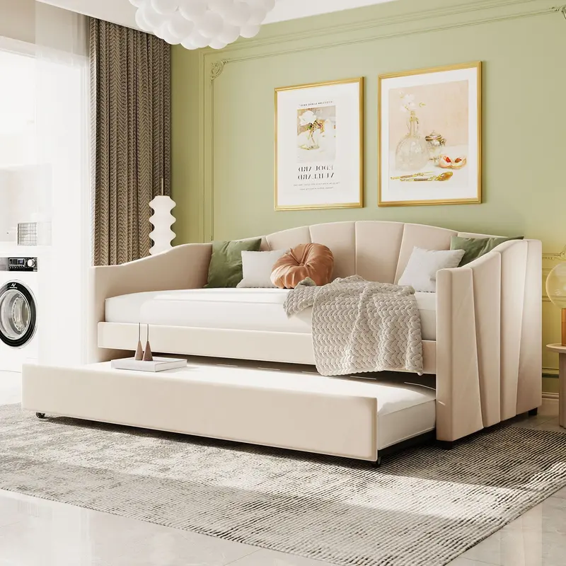 Upholstered Daybed With Pull-Out Trundle And Supportive Wood Slats 2