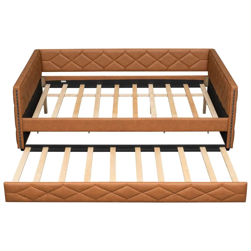 Upholstered Full-Length Daybed With Led-Lit Armrests, Pull-Out Trundle, And Rich Brown Fabric 1