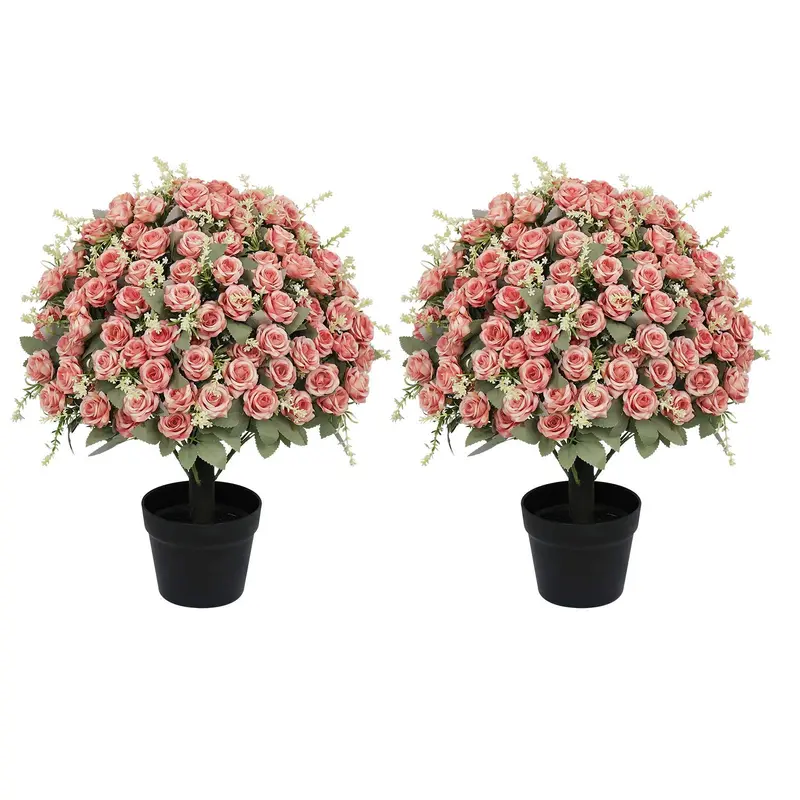 Uv-Resistant Artificial Rose Arrangement In Cement Planter With Silk Petals And Durable Stems – Green & Pink 1