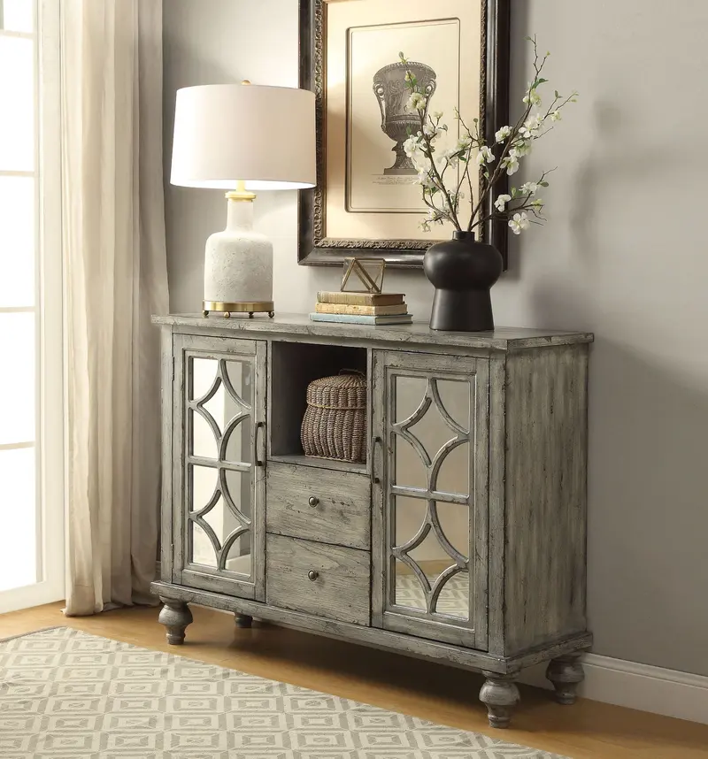 Velika Gray Weathered Wood Console Table With Open Shelf Storage 1