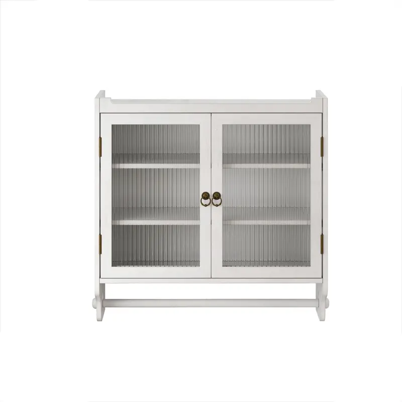 Vintage-Style White-Washed Wall Cabinet With Three-Tier Storage And Towel Bar 1