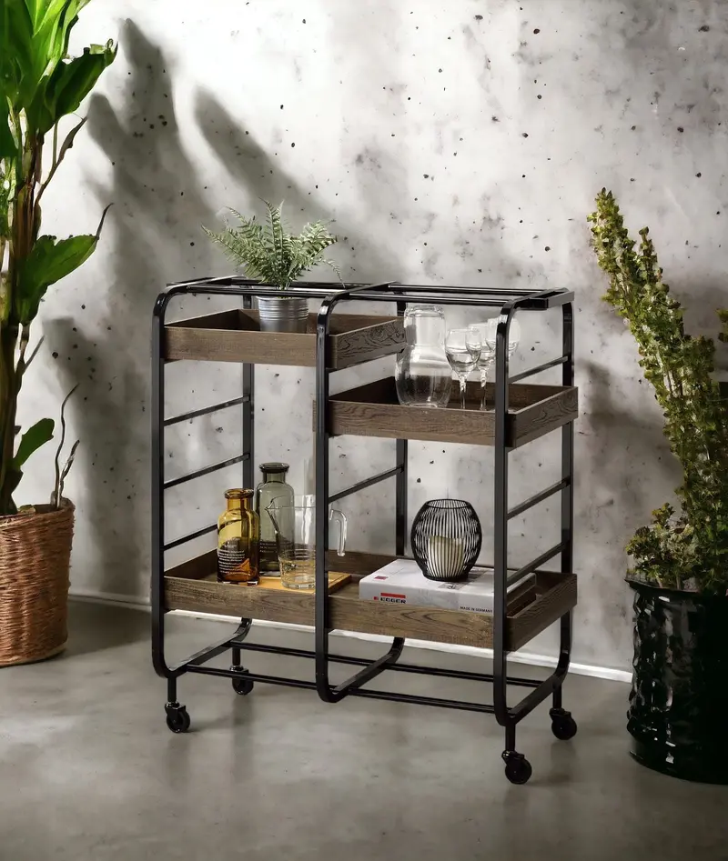 Vorrik Dual-Tone Black And Walnut Serving Cart With Casters 1