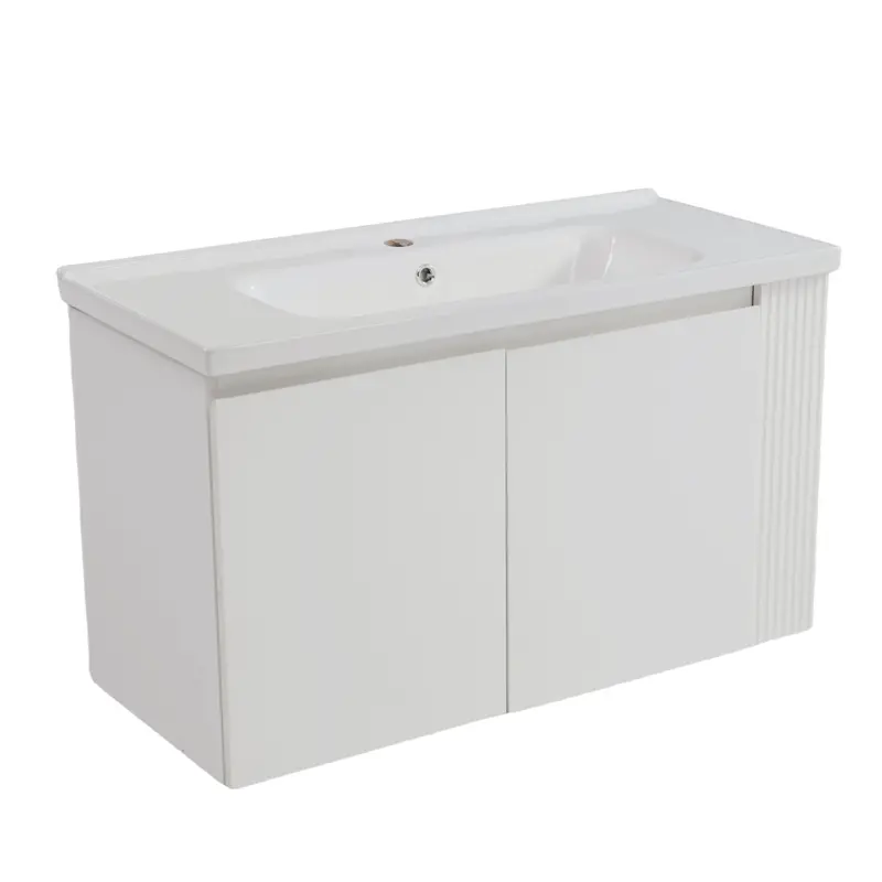 Wall-Mounted Bathroom Vanity With Integrated Sink And Two Open Shelves – Clean White Design 1