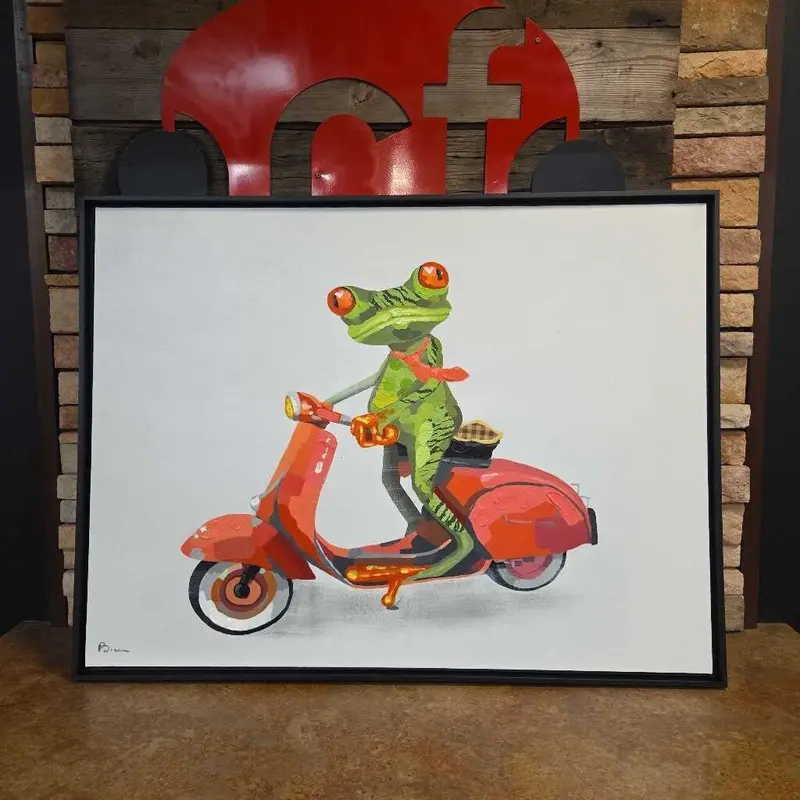 Whimsical Frog Riding A Scooter – Large Horizontal Canvas Print 1