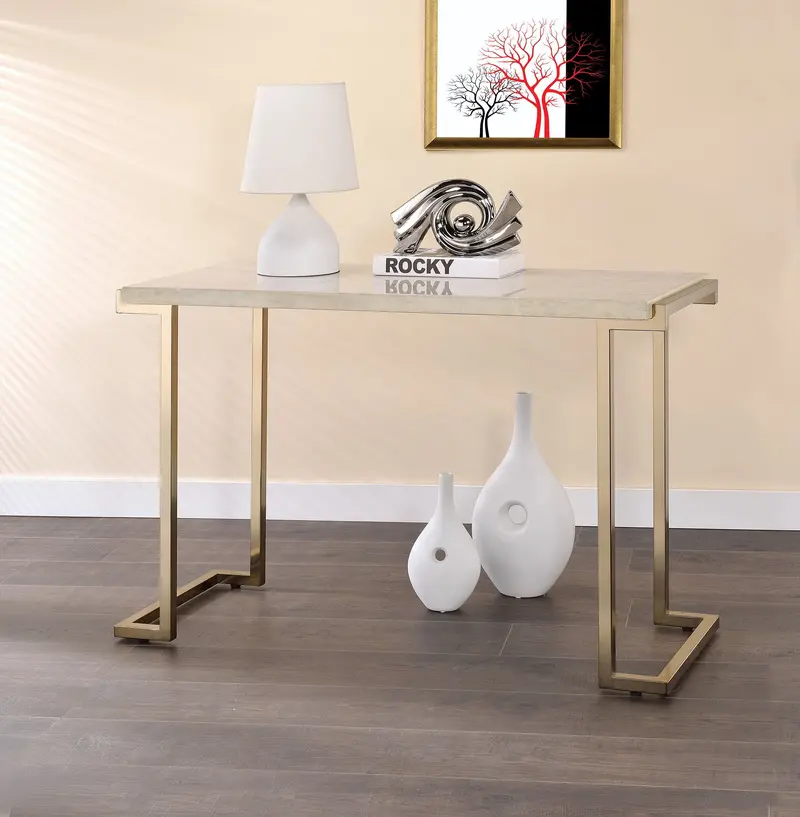 White And Champagne Boice Ii Sofa Table With Faux Marble Top 1