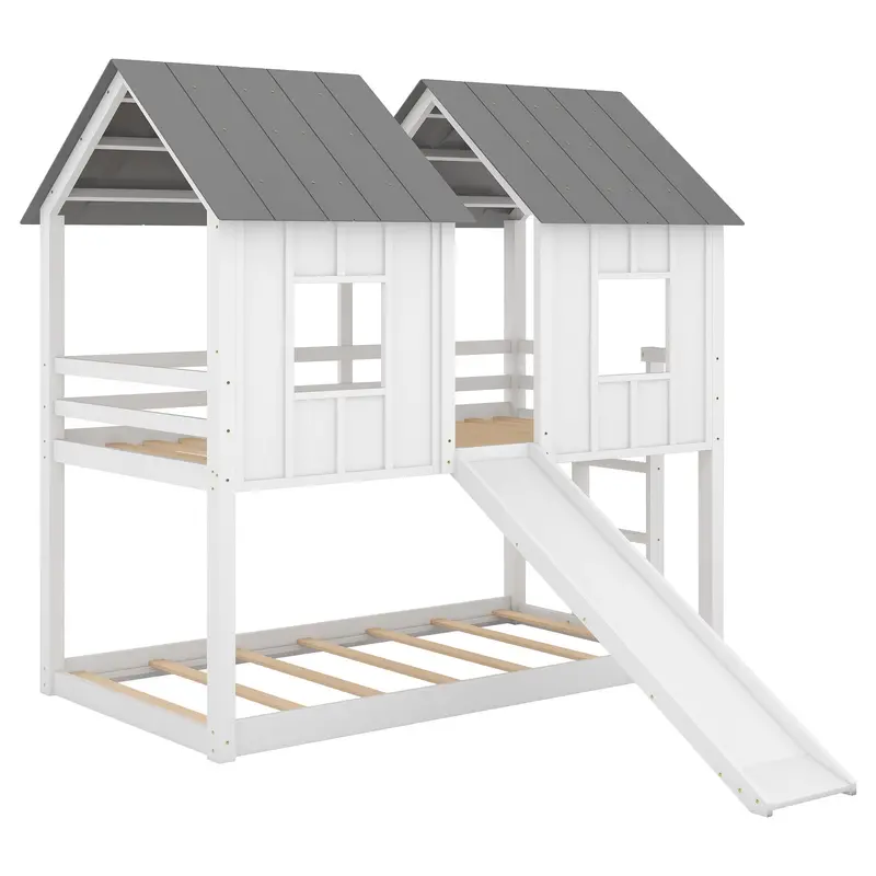 White-And-Gray Twin-Over-Twin House-Themed Bunk Bed With Play Slide And Decorative Windows 1