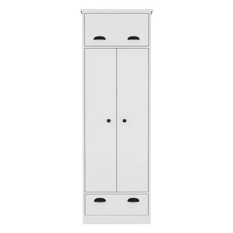White Dresser Closet With Concealed Top Compartment, Dual Hanging Doors, Central Shelves, And Bottom Drawer 1