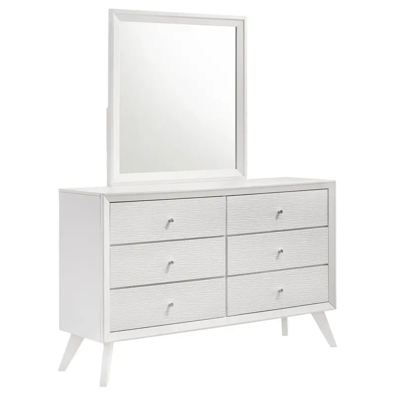 White Dresser With Matching Mirror, Angled Legs, And Decorative Knobs 1