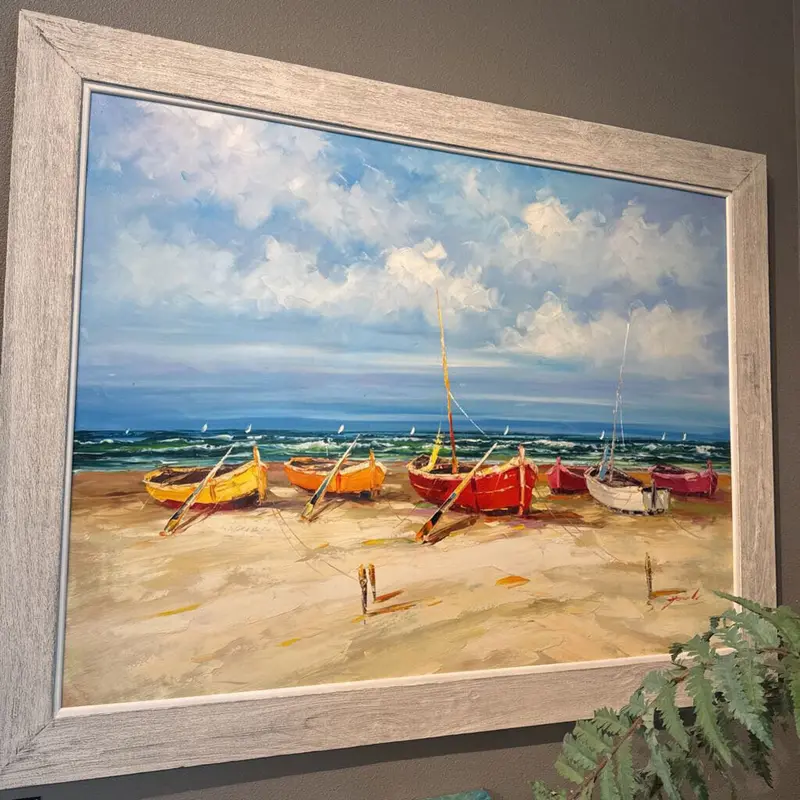 White-Framed Beach Scene Canvas – 'Boats On The Shore' Coastal Wall Art In Large Format (Akh) 1