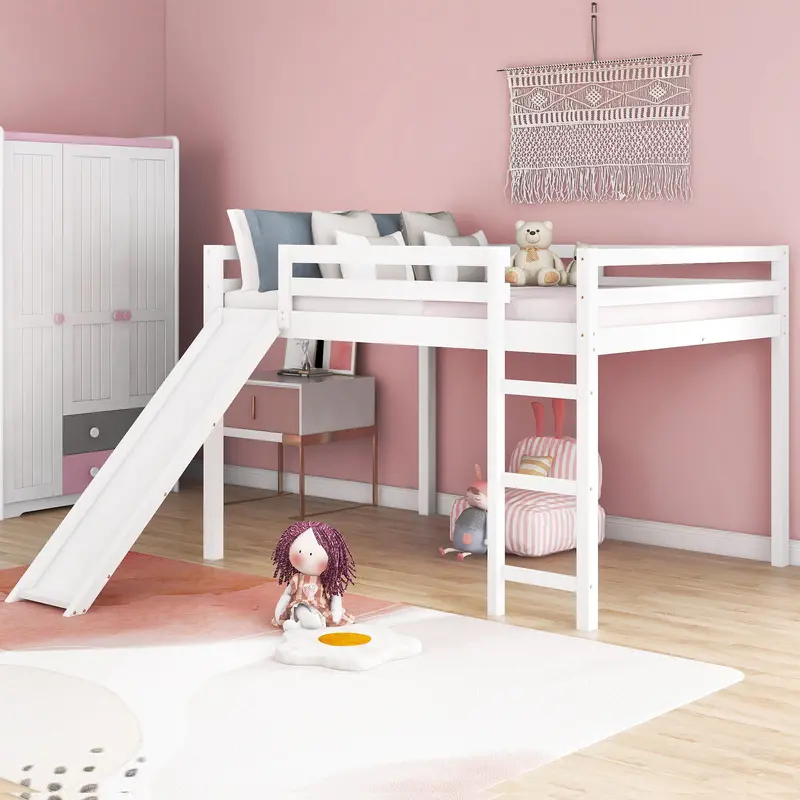 White Full-Size Loft Bed With Integrated Slide – Multi-Functional Kids’ Or Small-Space Bed 1