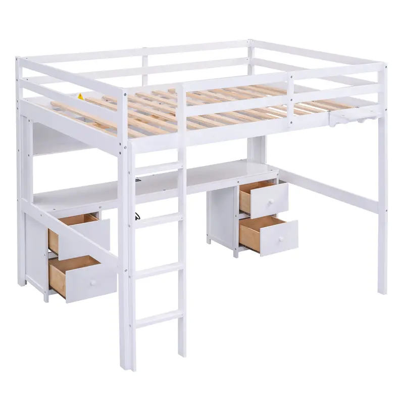 White Full-Size Loft Bed With Under-Bed Desk, Cabinets, Drawers, Usb Charging, And Bedside Tray 1