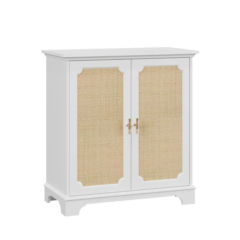 White Rattan-Inspired Sideboard Buffet With Liquor Storage And Decorative Accents 1
