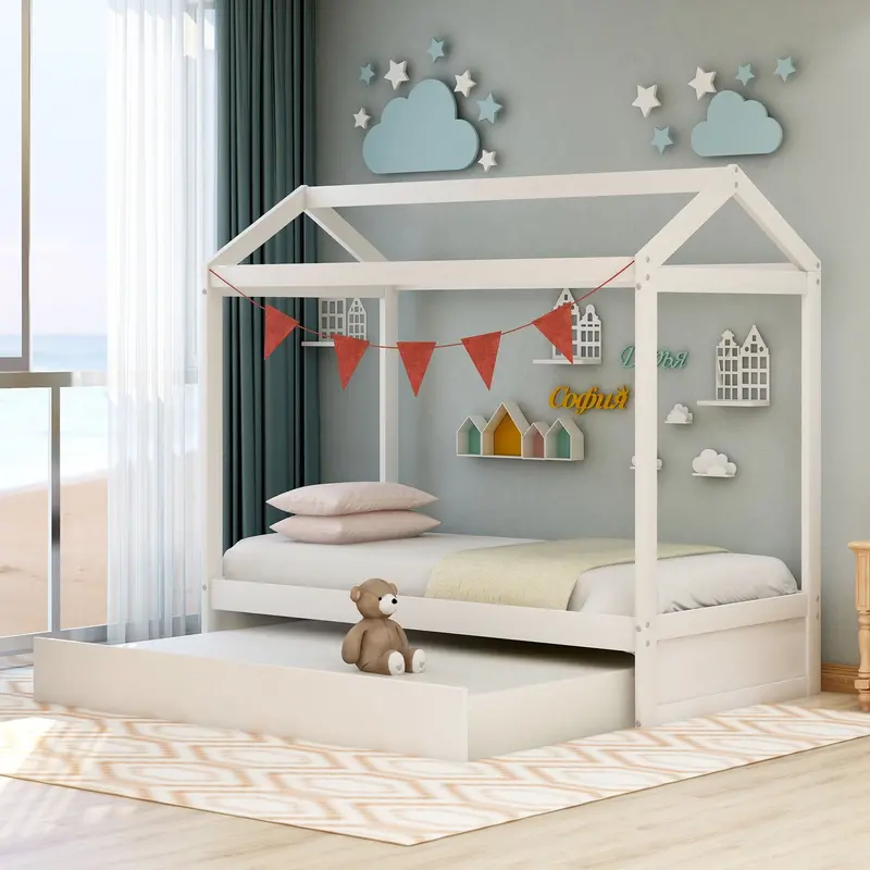 White Twin House Bed With Integrated Trundle For Extra Sleeping Space 1