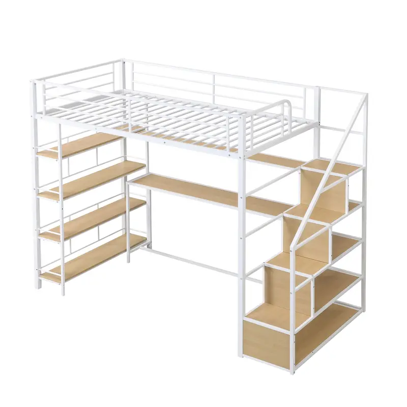 White Twin Loft Bed With Integrated Desk, Staircase Storage & 4-Tier Shelving 1