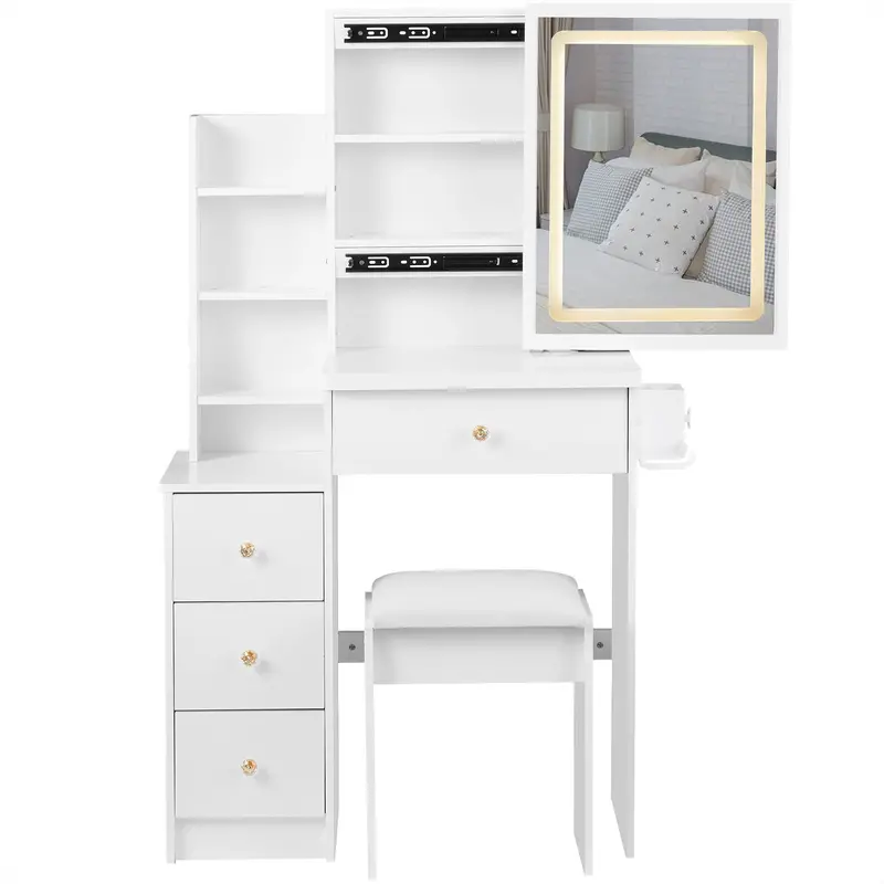 White Vanity Cabinet Set – Includes Cushioned Stool, Usb Charging Station & Hair Dryer Mount 1
