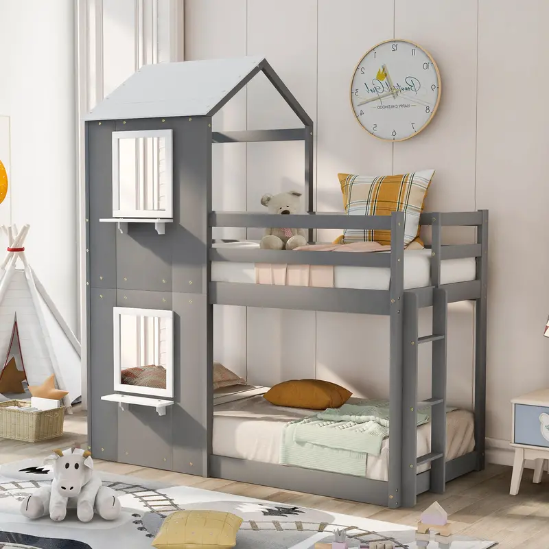 Wooden Bunk Bed With Playhouse Features – Roof, Window, Guardrail, And Ladder 2