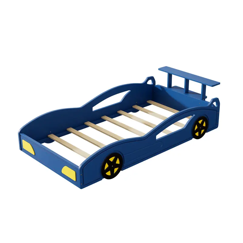 Wooden Race Car Twin Platform Bed With Rolling Wheels For Teens 2