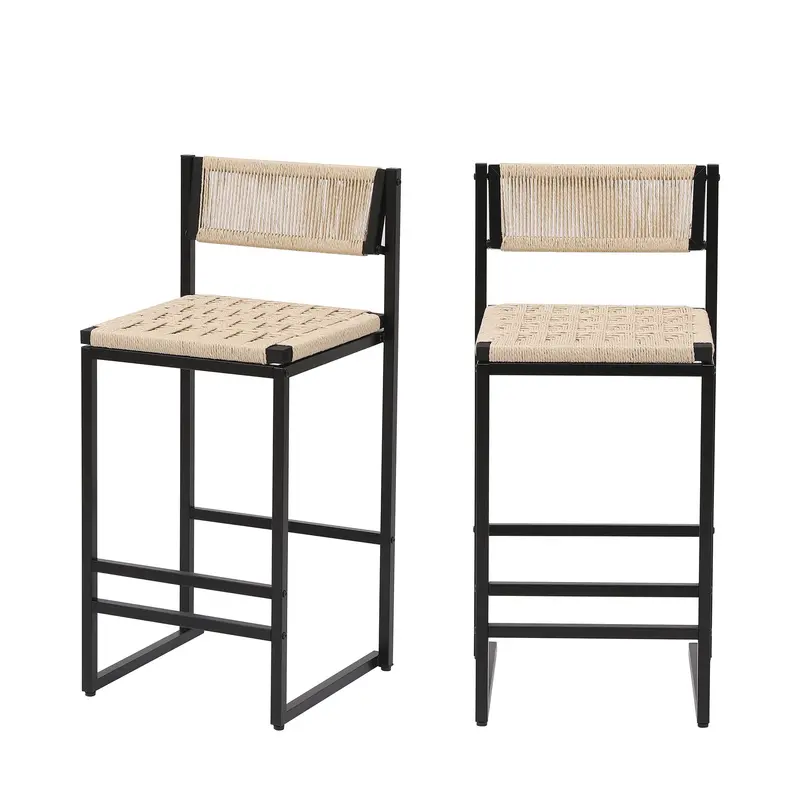 Woven Paper Rope Bar Stools With Supportive Backrests – Creamy White Kitchen Island Chairs 1